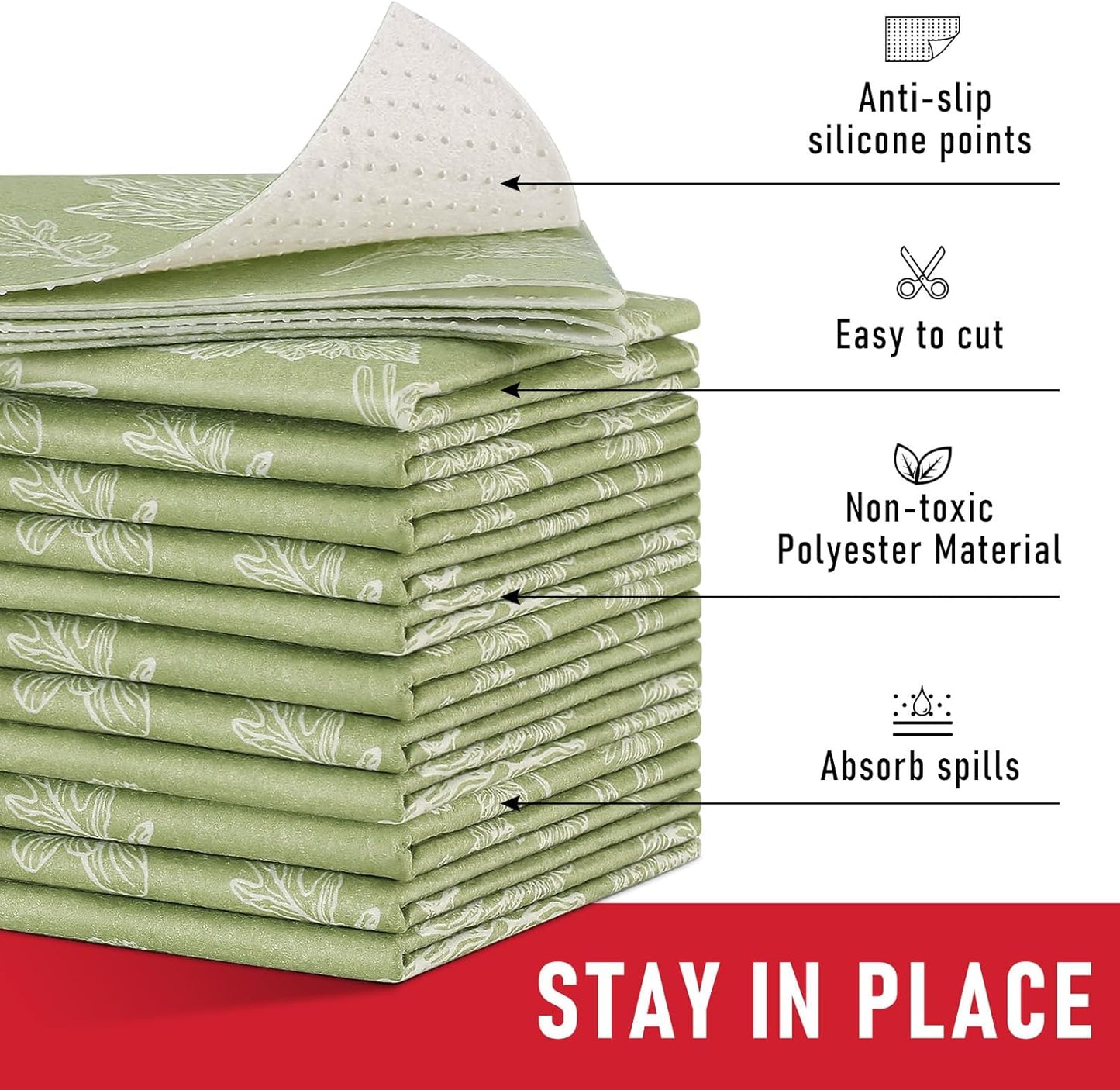 Cooyes Drawer & Shelf Liner for Kitchen Cabinets, Breathable Cloth Material, Machine Washable, Refrigerator Liners with Non-Slip Particles, Keep Produce Fresh Longer, 12 Pack, 12" * 24", Sage Green