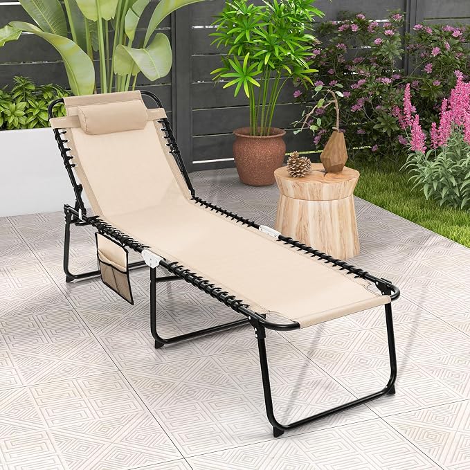 Goplus Chaise Lounge Chair Outdoor, Folding 5-Postion Beach Lounge Chair with Detachable Pillow, Side Pocket, Sunbathing Lounger, Adjustable Tanning Chair for Patio Lawn Pool Yard