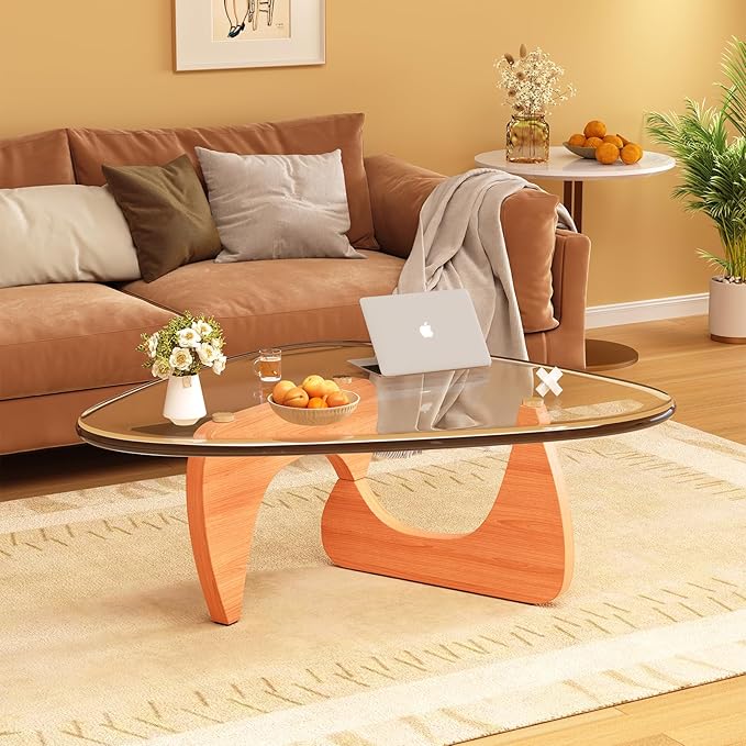 Coffee Table for Living Room Mid Century Modern Center Small Table with Glass Top and Wood, Walnut Transparent(36 Inch)