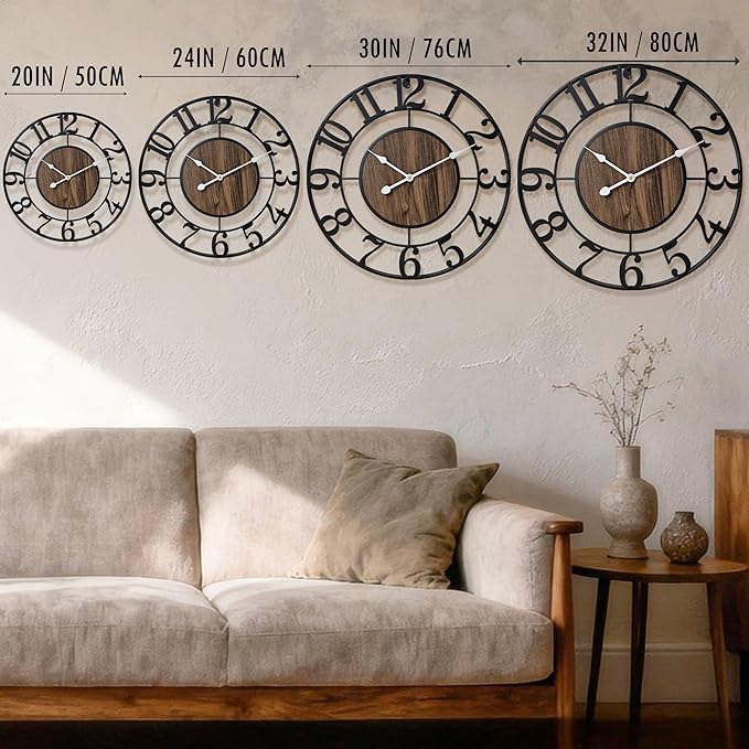 Large Metal Wall Clock, 24 Inch Retro Decorative Silent, Non Ticking, Battery