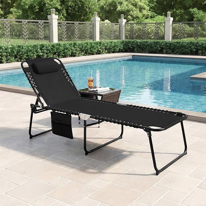 COSTWAY Folding Chaise Lounge Chair, Foldable Pool Lounger with 4-Position Adjustable Backrest, 2-Position Footrest & Soft Pillow, Patio Tanning Chair for Beach, Poolside (1, Black)