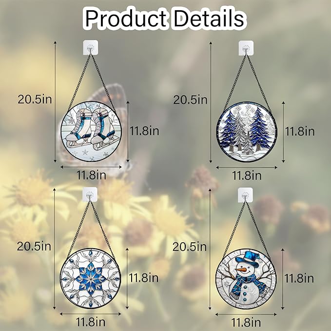 Stained Glass Window Hanging 4 Pcs Set White Winter Christmas Snow Scene Large 11.8" - Suncatcher Door Garden Sun Catcher Decor Birthday for Mom Woman Nana Men Friend Wife