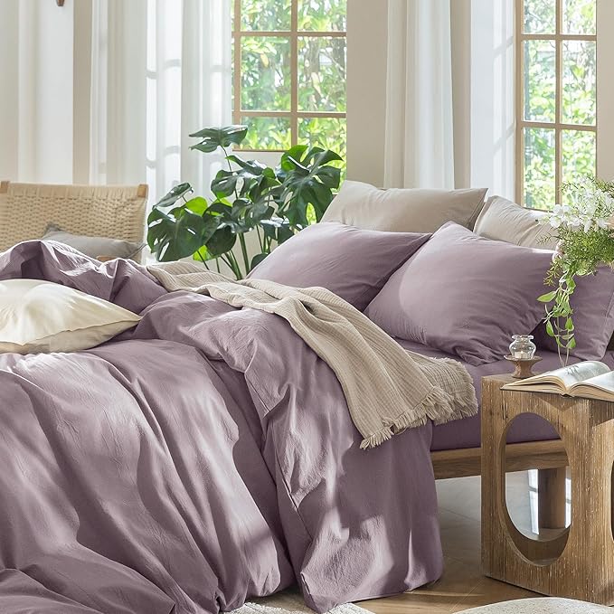 MooMee Bedding Duvet Cover Set 100% Washed Cotton Linen Like Textured Breathable Durable Soft Comfy (Solid Taro Purple, Cal King 104"x98")