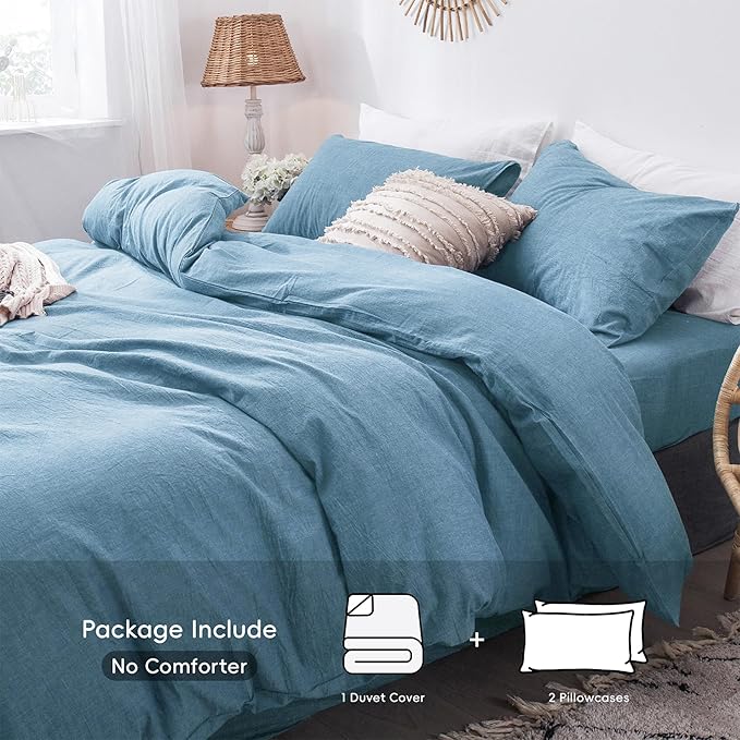 MooMee Bedding Duvet Cover Set 100% Washed Cotton Linen Like Textured Breathable Durable Soft Comfy (Heathered Peacock Blue, Super King 108"x98")