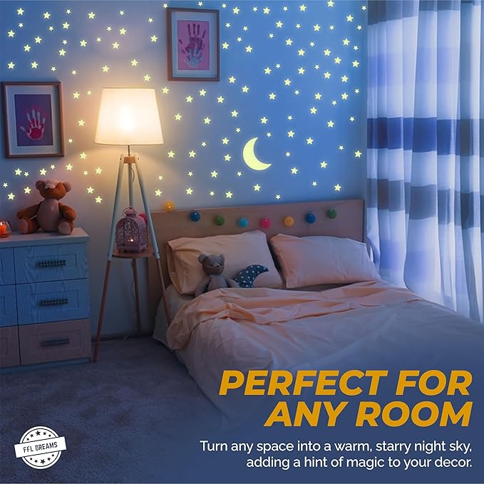 Glow in The Dark Stars and Moon, Realistic No Dots No Squares Set. Star Shaped Stickers and Moon, Luminous Adhesives for Room, Wall, Bedroom, Light up Your Ceiling and Living Room