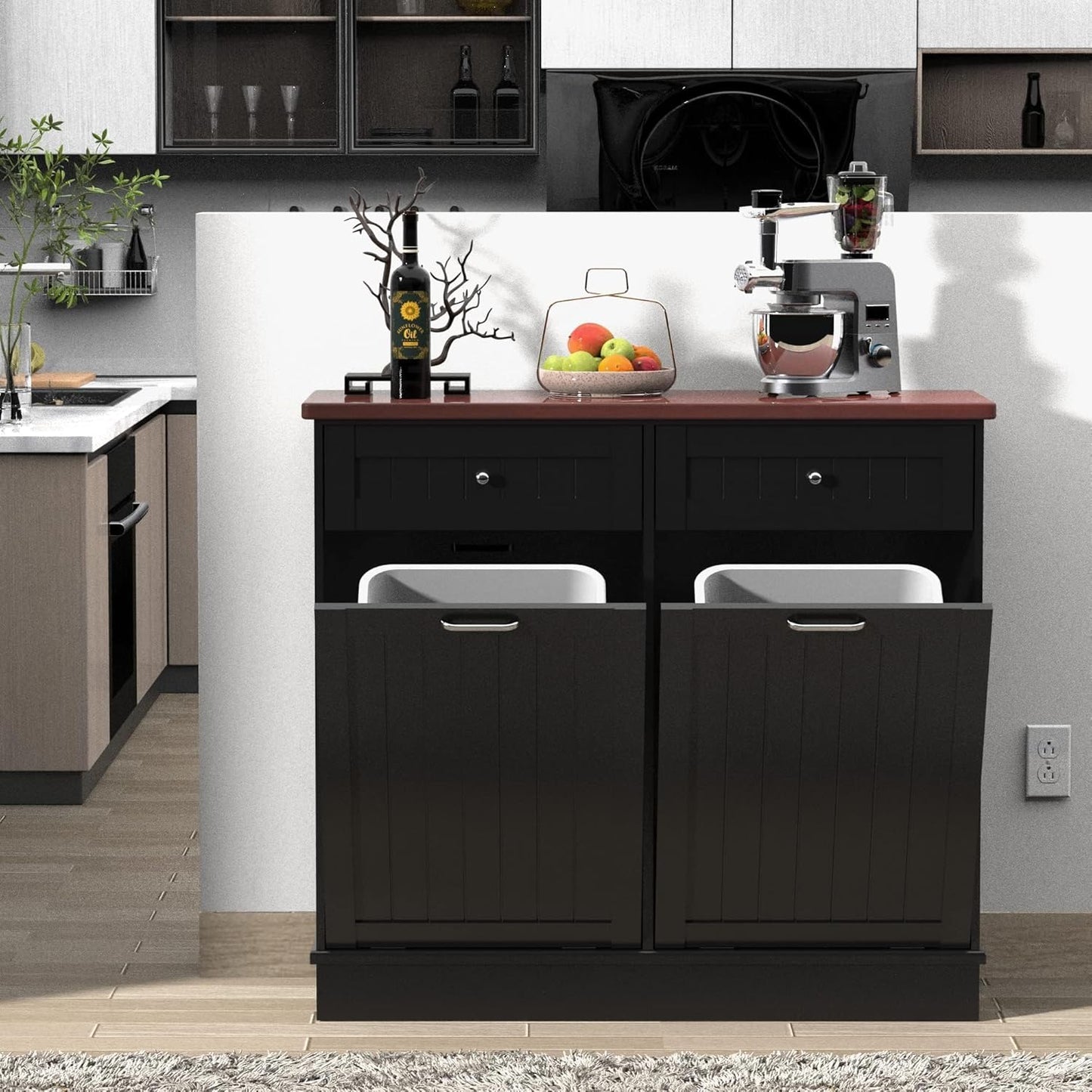 Betterhood Tilt Out Trash Cabinet 10 Gallon Wooden Free Standing Laundry Sorter Cabine,Recycling Cabine with Hideaway Drawer,Tilt Out Trash Cabinet Can Bin Kitchen