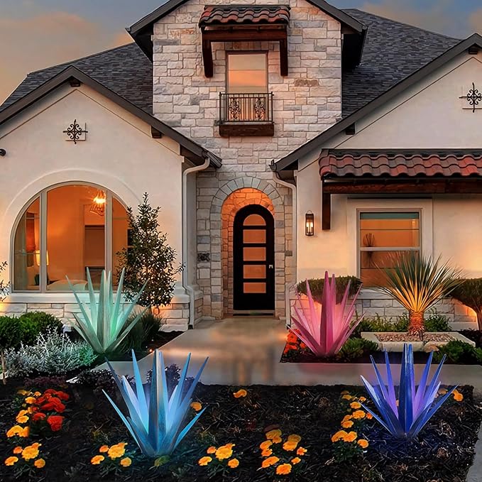 KODIBO Large Tequila Rustic Sculpture, Rustic Metal Agave Plants for Outdoor Patio Yard, Home Decor Hand Painted Metal Agave Garden Yard Statue, Outdoor Lawn Ornaments (Dark Blue - L (W/Solar Light))