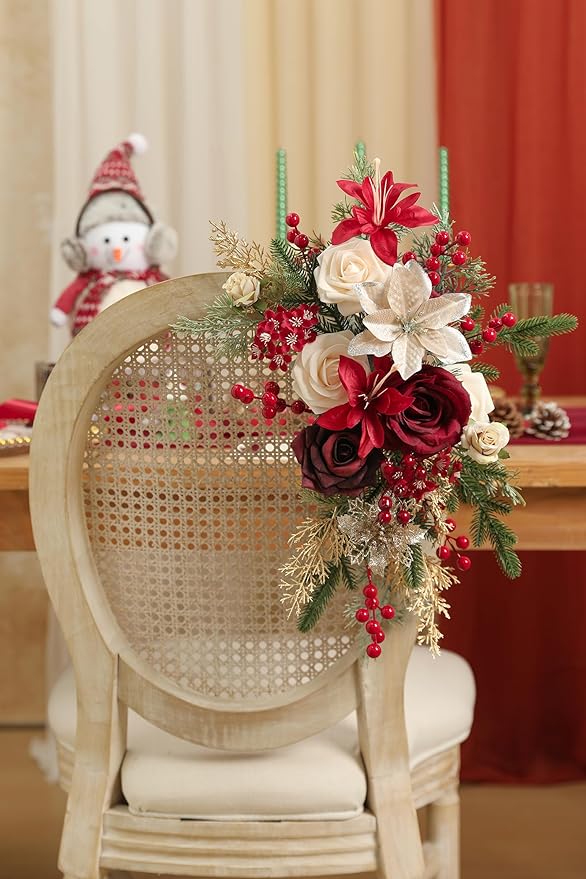 YYHUAWU Artificial Christmas Flowers Greenery Combo Box Set Faux Flowers Bulk Flower Leaf with Stems for DIY Tree Ornaments Xmas Wreath Floral Arrangements Centerpieces
