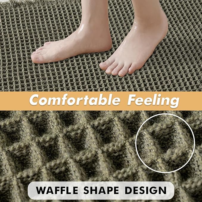 MIULEE Set of 2 Waffle Bathroom Rugs, Super Absorbent Non Slip Bath Rugs, Washable Bath Mats with Tassels, Ultra Soft Rubber Backed Shower Mat for Bathroom Floor, Tub, Green, 17"x24"+18"x30"