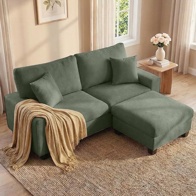 DOPEDIO L-Shaped Sectional Sofa with Storage Ottoman, Modern Chenille Recliner Loveseat, Removable Couch Covers, Pocket Spring Cushions, Solid Wood Frame, Easy to Install (71.25inch, Green)