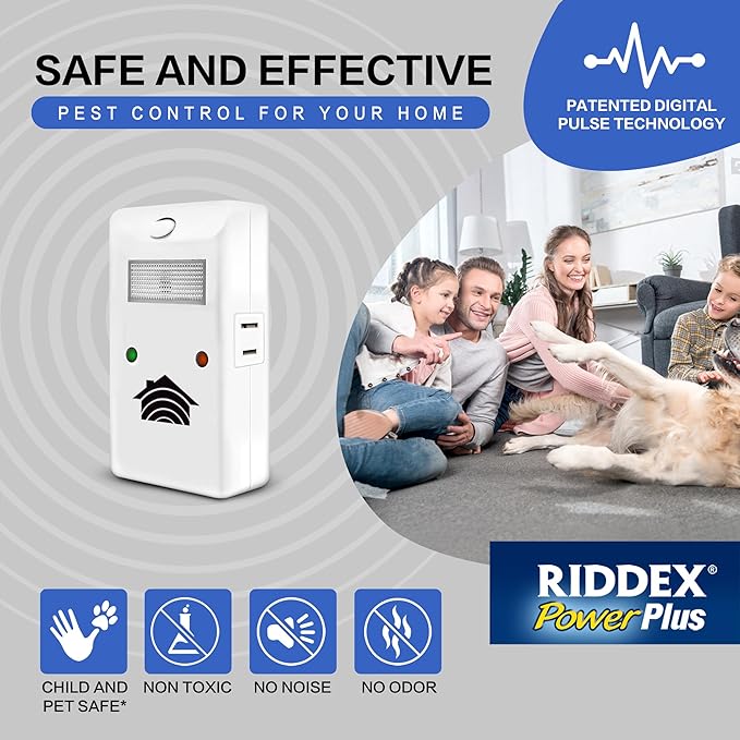 RIDDEX Power Plus Insect Repellent | Plug in, Mouse Deterrent - Pest Control for Defense Against Rats, Mice, Roaches, Bugs and Insects | Control Pests with No Toxins with Side Outlet