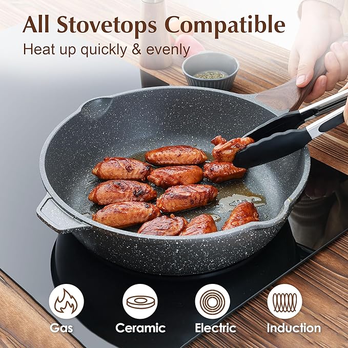 SENSARTE Nonstick Deep Frying Pan Skillet, 12-inch Saute Pan with Lid, Stay-cool Handle, Chef Pan Healthy Stone Cookware Cooking Pan, Induction Compatible, PFOA Free
