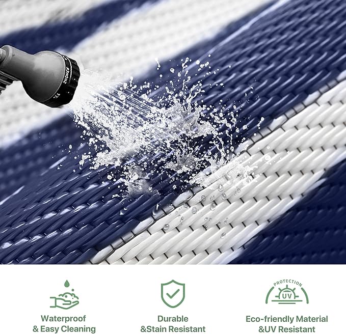 GENIMO Outdoor Rug Waterproof for Patio Decor, 9'x12' Foldable Reversible Plastic Straw Carpet for Travel Trailers, Outside Area Mat for Rv, Deck, Picnic, Porch, Camper, Balcony, Beach, Blue & White