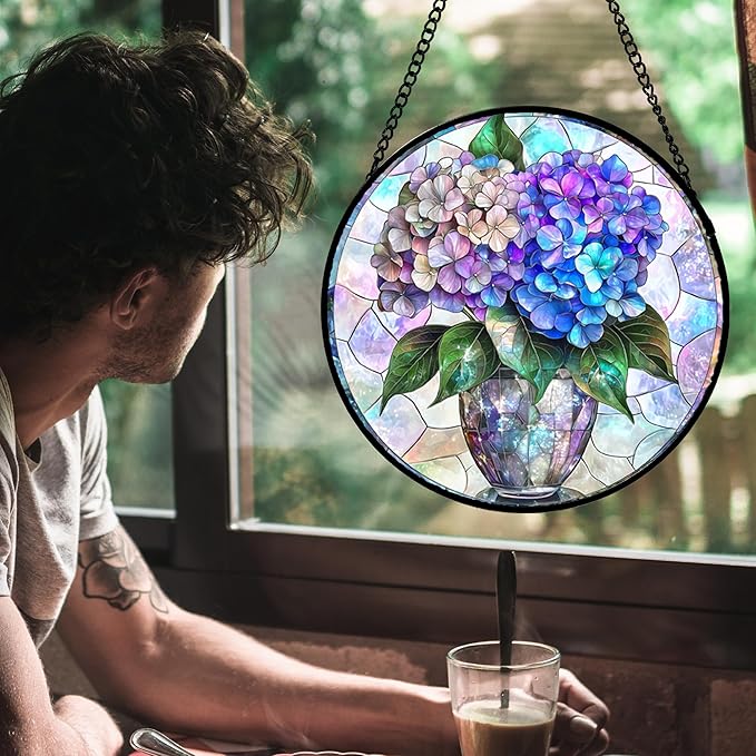 Stained Glass Window Hanging, Blue Purple Hydrangea Flowerpot Suncatcher for Doors Home Sun Catchers Decoration and Christmas, Mother's Day Birthday Gifts for Women, Men, and Mom 6.3x6.3 in