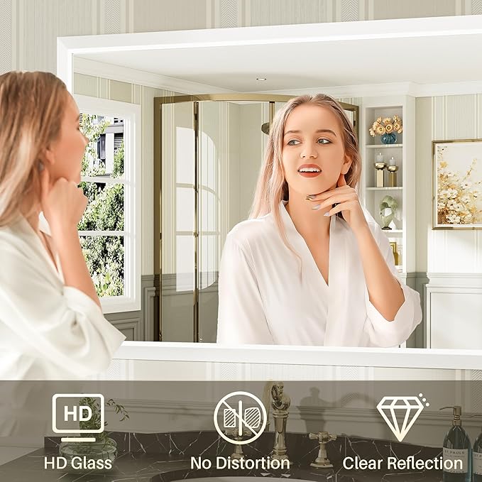 40x36 Inch White Bathroom Mirror for Wall, Thick Metal Framed Rectangle Mirrors for Over Sink, Bedroom, Living Room, Entryway, Anti-Rust, HD Tempered Glass