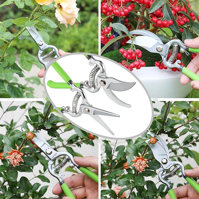 WORKPRO 2-Piece Pruning Shears and Garden Tool Belt Set, Gardening Belt with 5 Pockets and Adjustable Waist Belt, 8" Bypass Garden Shears and 8'' Handing Pruner with Steel Straight Blade