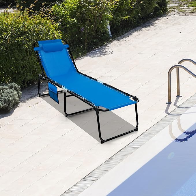 GYMAX Lounge Chairs for Outside, Extra High Folding Beach Tanning Lounger with Adjustable Backrest, Footrest & Removable Pillow, Sunbathing Lounge for Patio, Poolside (2, Navy with Pocket)