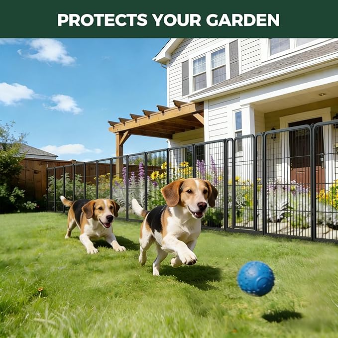 FXW Garden Fence Outdoor for the Yard – 32in(H) x 109.4ft(L) Heavy Duty Metal Animal Barrier for Dog, No Dig Decorative Dog Fence, 48 Panels, Black