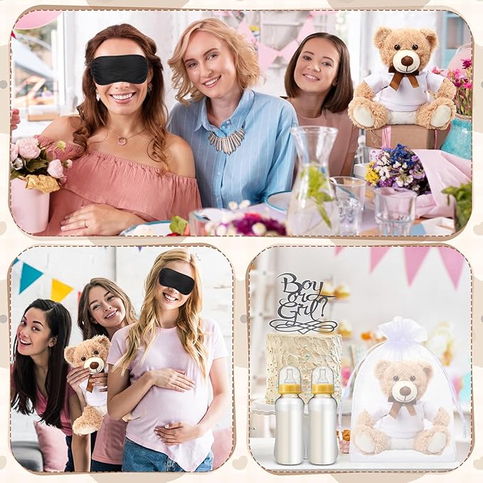Soulchen 6 Set Bear Blindfolded Diaper Changing Baby Shower Games 14 Inch Bear Plushes with Dolls Diapers Bottles Shirts for Gender Reveal Bridal Shower Game Prize Gift Guest Adult(Khaki)
