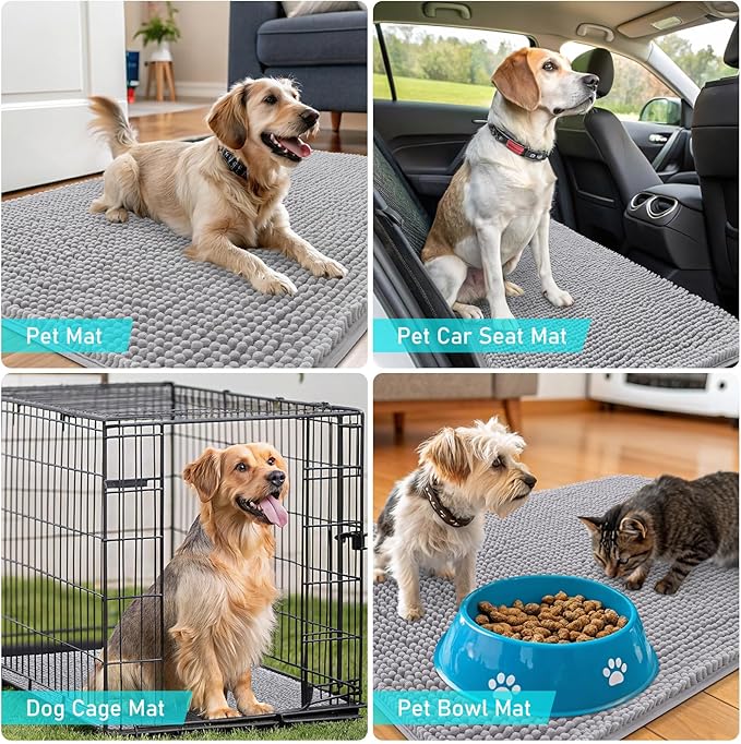 OLANLY Dog Door Mat for Muddy Paws 70x35, Absorbs Moisture and Dirt, Absorbent Non-Slip Washable Doormat, Quick Dry Chenille Mud Mat for Dogs, Entry Indoor Entryway Carpet for Inside Floor, Light Grey