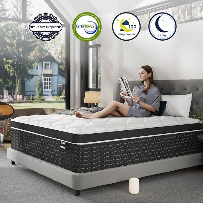 Queen Mattress, 10 inch Bed Mattresses in a Box, Medium Plush Hybrid Mattress Queen Size with Gel Memory Foam and Pocket Springs, Pressure Relief, Cooling and Breathable