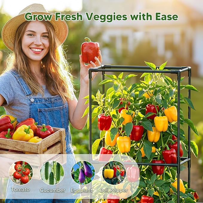 Raised Garden Bed with Tomato Cages，52"/4.3ft Tomato Planter with Trellis,Adjustable Height,Self Watering Planter Box for Vegetables & Climbing Plant Indoor Outdoor Balcony Patio (2)