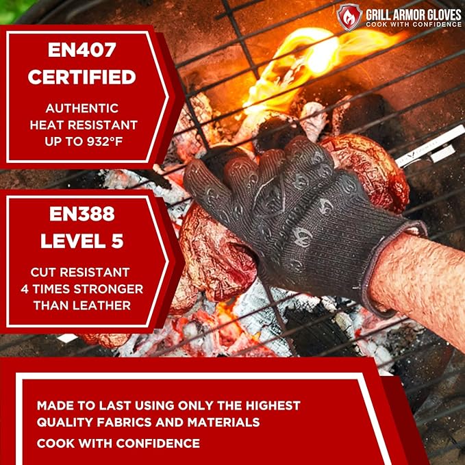 Grill Armor Oven Gloves 932°F Extreme Heat & Cut Resistant Oven Mitts with Fingers for BBQ, Cooking, Grilling, Baking – Accessory for Smoker, Cast Iron, Fire Pit, Camping, Fireplace, Griddle & More