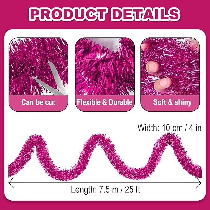 25 Feet Christmas Foil Fringe Banner Metallic Tassle Garland Metallic Backdrop Parade Floats Shiny Hanging Ceiling, Valentine's, Wedding, New Year Party Decorations(4" x 25', Rose Red)