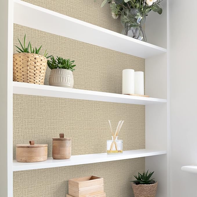 TANONE Khaki Contact Paper Peel and Stick Wallpaper, Grasscloth Beige Wallpaper