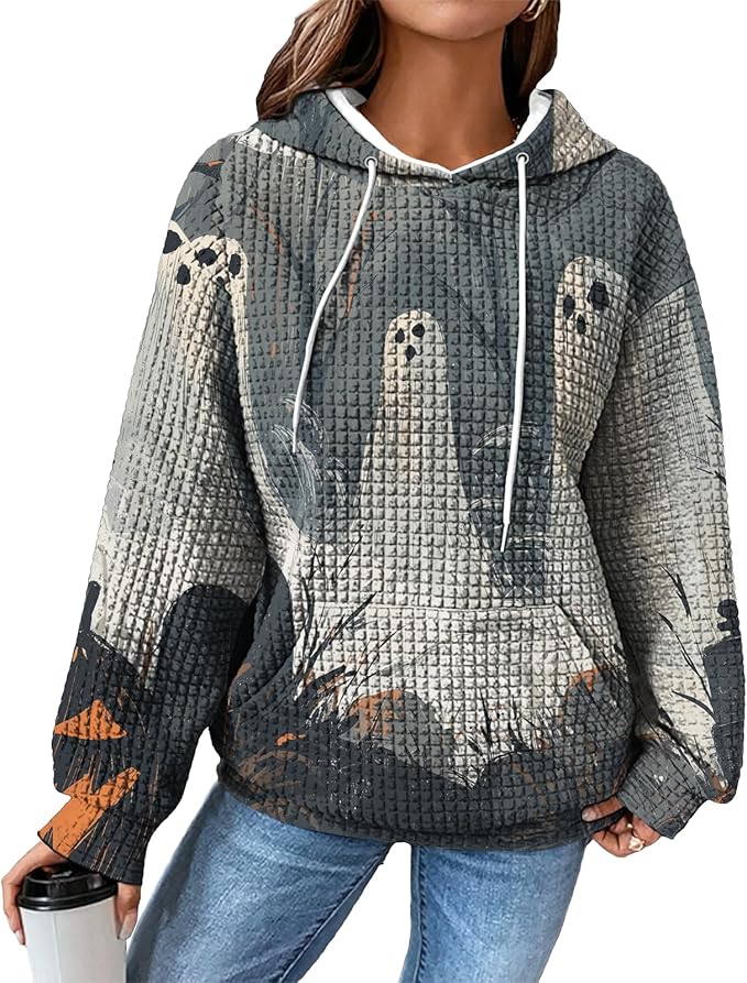 Halloween Sweatshirts for Women Novelty Graphic Drawstring Waffle Hoodies Loose Casual Pullover Tops with Pocket