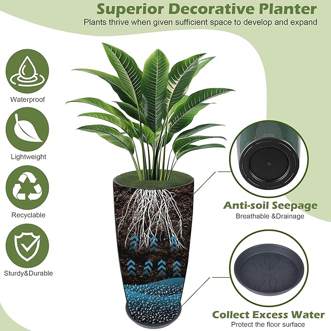 24-21-11 Inch Tall Planters Set of 3, Indoor Outdoor Green Glossy Round Planter with Drainage Hole and Saucer, Large Decorative Plant Pots for Home Garden Porch (Green)
