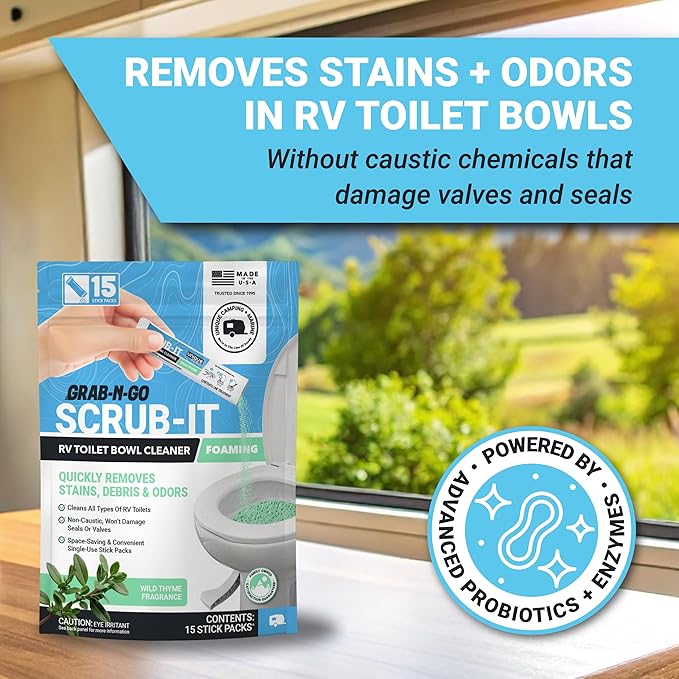 Unique Scrub-It Foaming RV Toilet Cleaner - Wild Thyme Scent, 15 Count Stick Packs, Premeasured, No-Mess, Grab-N-Go Powder Removes Stains from RV Toilet Bowls, Helps Lubricate Valves and Seals
