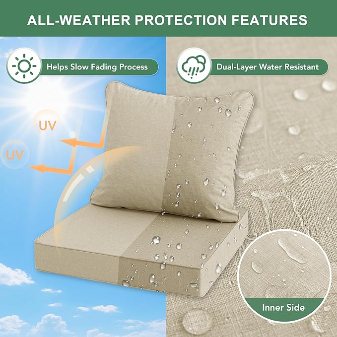 Summsun Patio Chair Cushions Set of 4, Faux Linen Outdoor Furniture Cushions, Water Resistant Backrest and Deep Seat Cushion Set with Straps, Removable Cover, Non-Slip Bottom, 22 x 22 Inch, Beige