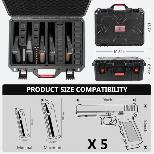 Kinghardcase Gun Cases - Shockproof & Waterproof Handgun Case for 5 Pistols | TSA Approved Travel Case
