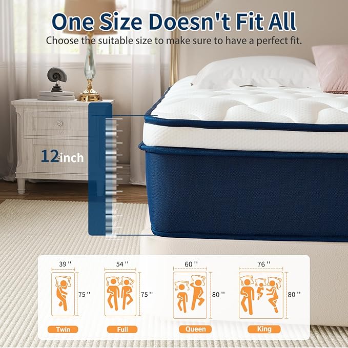 Queen Size 12 Inch Mattress in a Box - Gel Memory Foam & Pocket Springs, Medium Firm for Back Support, Fiberglass-Free, CertiPUR-US Certified, 60x80 Inches, 120-Night Trial