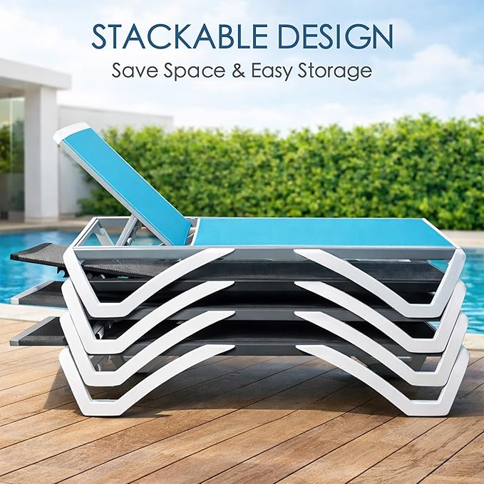 Kozyard Outdoor Chaise Lounge Chair Set, Fully Flat Adjustable Patio Lounger with Aluminum Frame & Resin Legs, Textilene Fabric for Poolside, Backyard & Beach (Blue, Chair + Table)