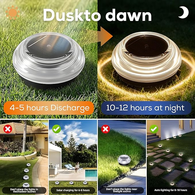 Solar Ground Lights Outdoor 12PK - IP67 Waterproof Solar Pathway Lights, Garden Lights Solar Powered, Outdoor Solar Lights for Yard, Landscape Lighting for Patio Driveway Backyard Decor(Warm White)