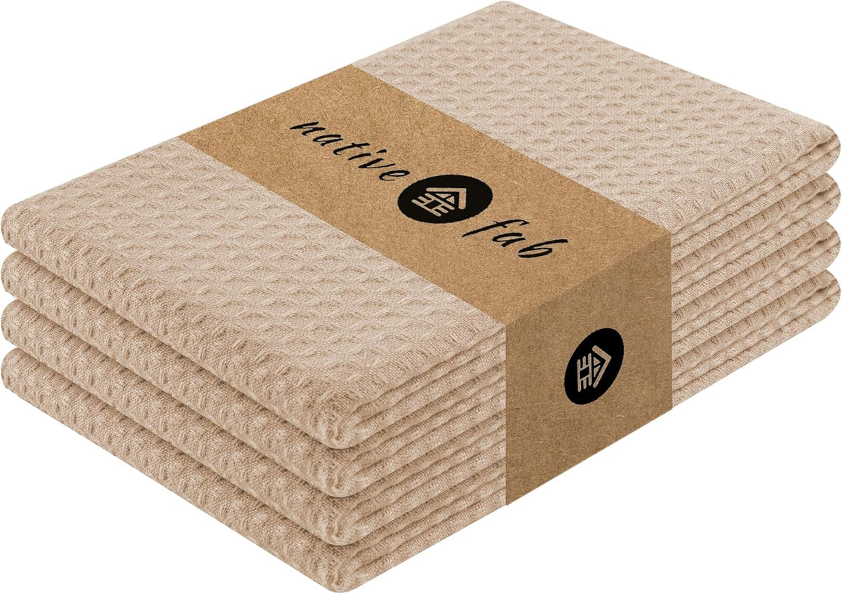 Native Fab Cotton Kitchen Towel with Hanging Loop 16x26 inches, 4-Pack, Waffle Weave Kitchen Towels for Cleaning Drying, Washcloths Soft & Absorbent Cloth Rags, Bar Towel, Dish Cloth, Beige