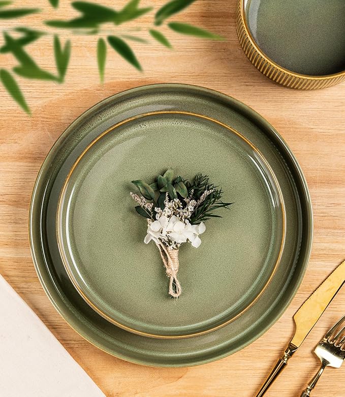 TheTerra Ceramic Dinnerware Sets for 8, 24 Pieces Porcelain Lightweight Plates and Bowls Sets, Scratch Resistant Dish Set, Oven & Microwave & Dishwasher Safe, Sage Umber