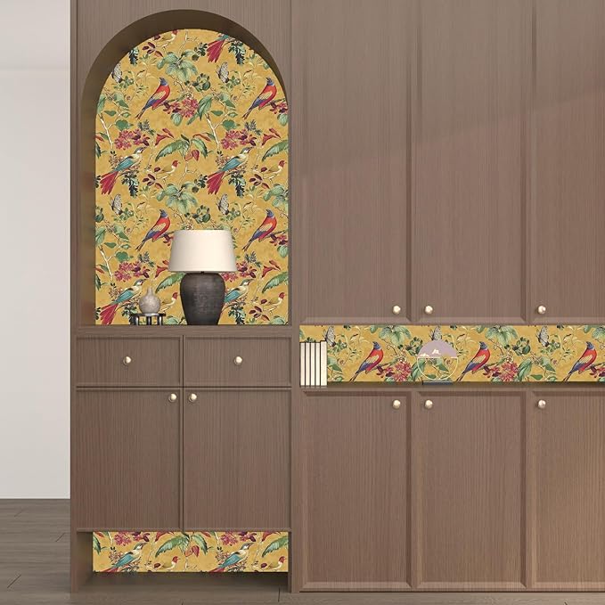 Yellow Boho Wallpaper Peel and Stick, Vintage Floral Bird Contact Paper