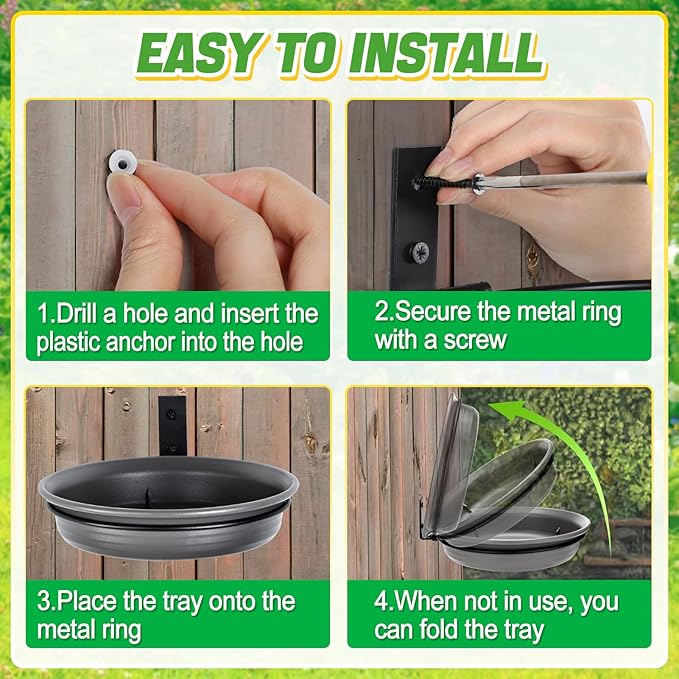 Fence Bird Feeders Tray - 2pcs Tree Mounted Wild Bird Bath for Outdoors Place Food Water, Installed on Deck Wall Stakes with Heavy Duty Iron Ring, 8.3'' Dia. (Grey)