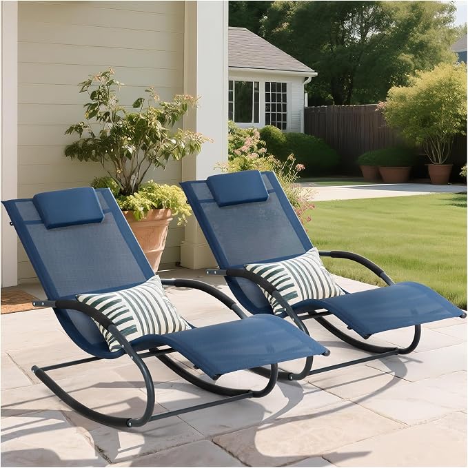 Outdoor Lounge Chair with Pillow, Pool Chaise Lounge Chair Set of 2, Navy Blue