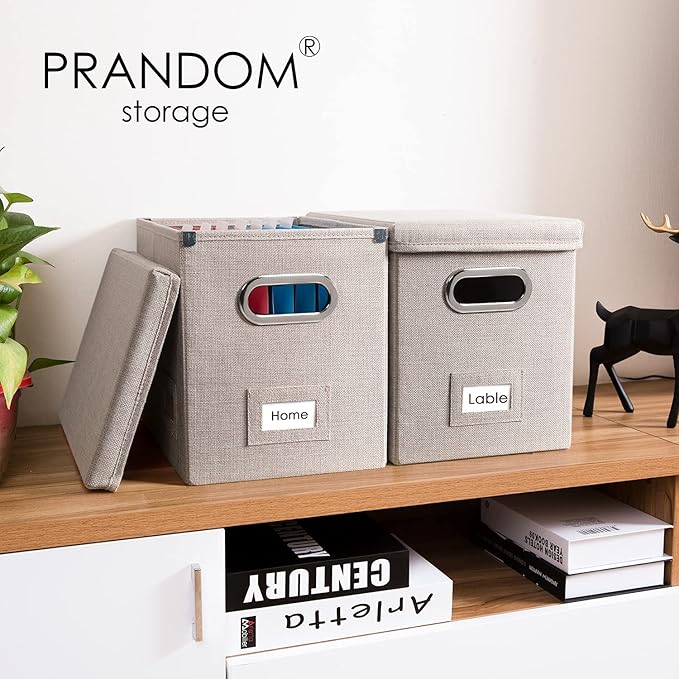 PRANDOM File Organizer Box - Set of 2 Collapsible Decorative Linen Filing Storage Hanging File Folders with Lids Office Cabinet Letter Size Light Grey (14x9.3x10.8 inch)