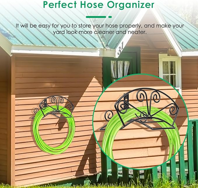 TomCare Garden Hose Holder Heavy Duty Water Hose Holder Holds 150 FT Hoses Solid Metal Hoses Hanger Wall Mount Decorative Durable Garden Hoses Storage Hose Reel Hose Organizer for Outside Yard, Black