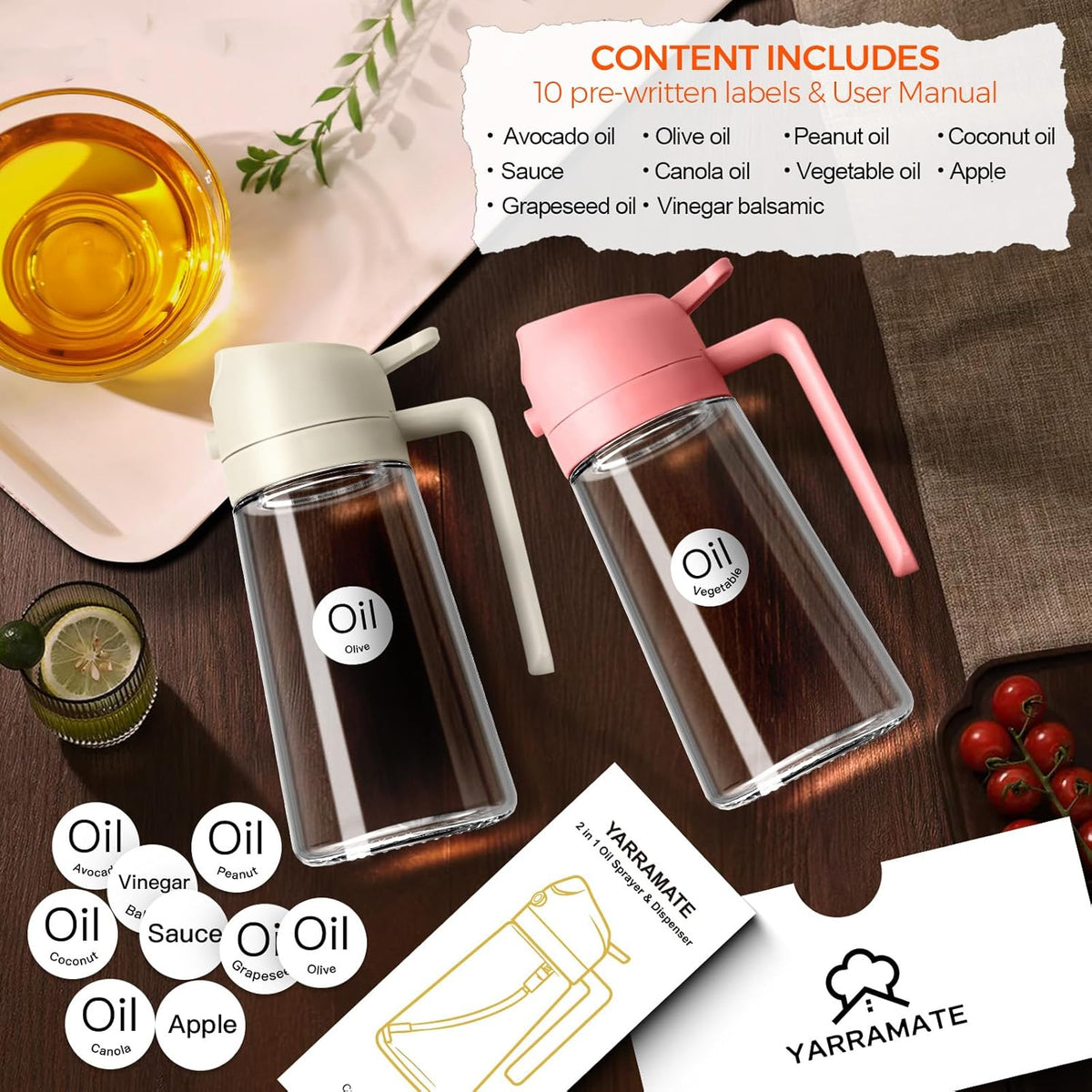 YARRAMATE 2Pcs 16oz/470ml 2 in 1 Oil Sprayer for Cooking with Stickers, Food-grade Glass Oil Spray Bottle, Oil Dispenser and Oil Sprayer for Kitchen, Salad, Frying, BBQ (White & Orange)