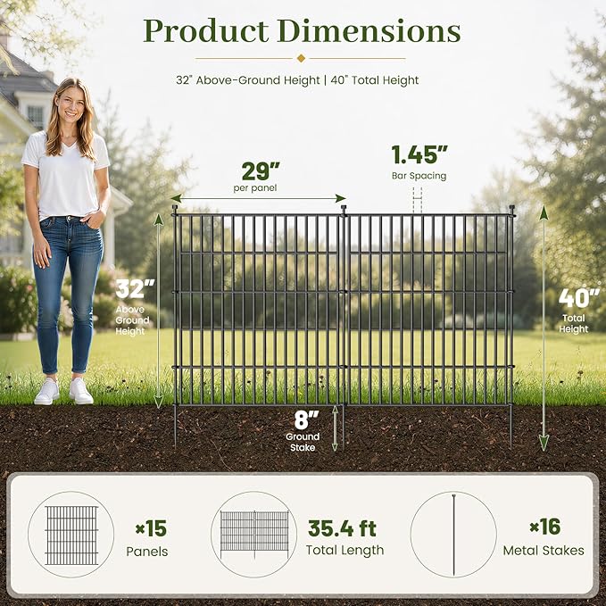 15 Panels No Dig Decorative Outdoor Garden Fence with Gate for Yard, 32 in(H) X 35.4 ft(L) Animal Barrier Fencing Rustproof Metal Wire Panel Border for Dog, Rabbits, and Patio Temporary Ground Stakes