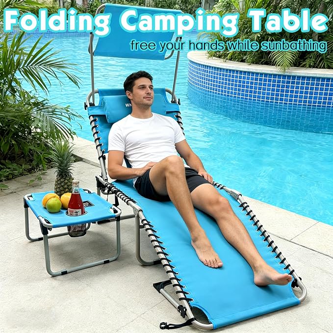 Outdoor Tanning Chair with Sun Canopy Shade & Face Hole, Folding Lounge Chair with Beach Table and Carry Bag for Poolside Sunbathing Lawn