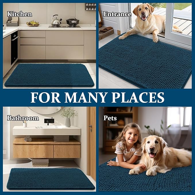 OLANLY Dog Door Mat for Muddy Paws 34x21, Absorbs Moisture and Dirt, Absorbent Non-Slip Washable Doormat, Quick Dry Chenille Mud Mat, Entry Indoor Entryway Carpet for Inside Floor, Atlantic Blue