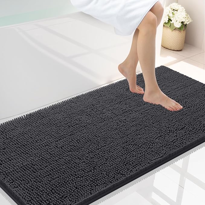 Smiry Luxury Chenille Bathroom Rugs 47x24, Extra Soft and Absorbent Shaggy Bath Mat, Machine Washable, Non-Slip Plush Carpet Runner for Tub, Shower, and Floor, Home Decor Accessories, Charcoal Grey