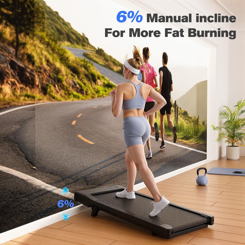Lacuffy Walking Pad with 6% Incline, 300LBS Capacity Under Desk Treadmill for Home Office, Quiet Portable Mini Treadmill with App & Remote Control,No Assembly,Slim Design for Small Spaces(BA09&Black)